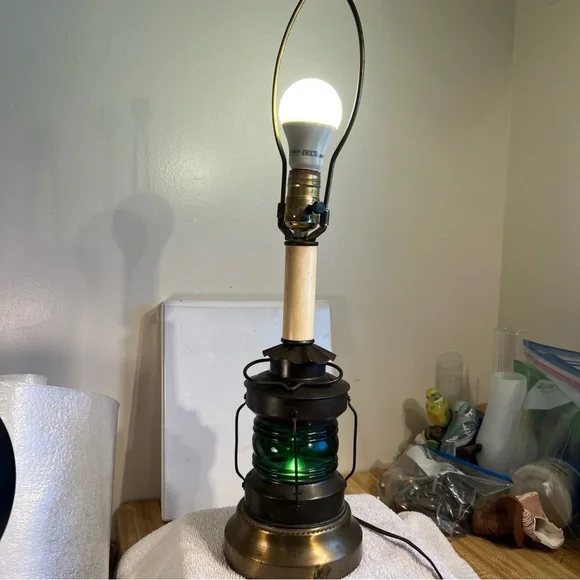Vintage Nautical Lantern Electric Lamp Green Glass Lantern Base 3-Way Lamp - Picture 10 of 16